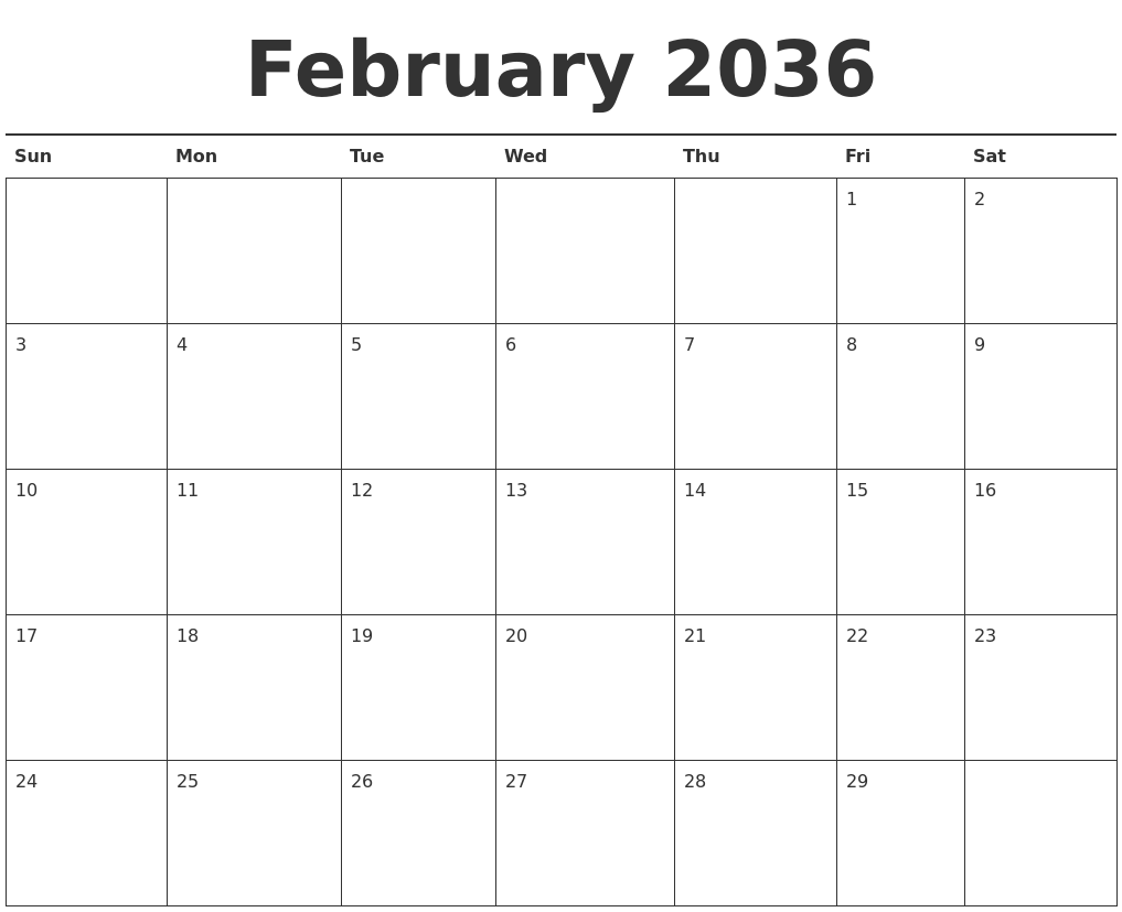 February 2036 Calendar Printable