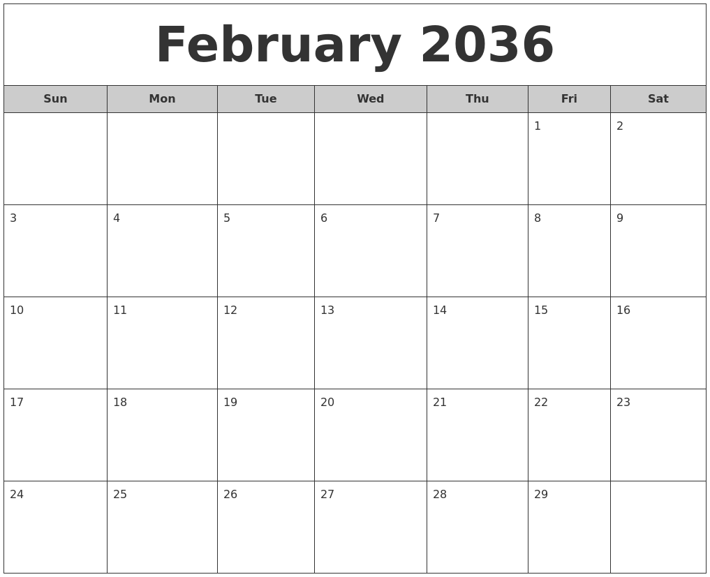 February 2036 Free Monthly Calendar