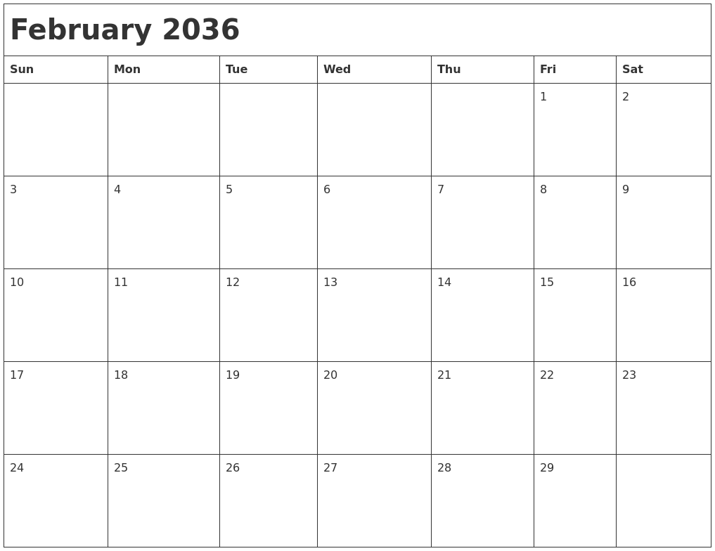 February 2036 Month Calendar
