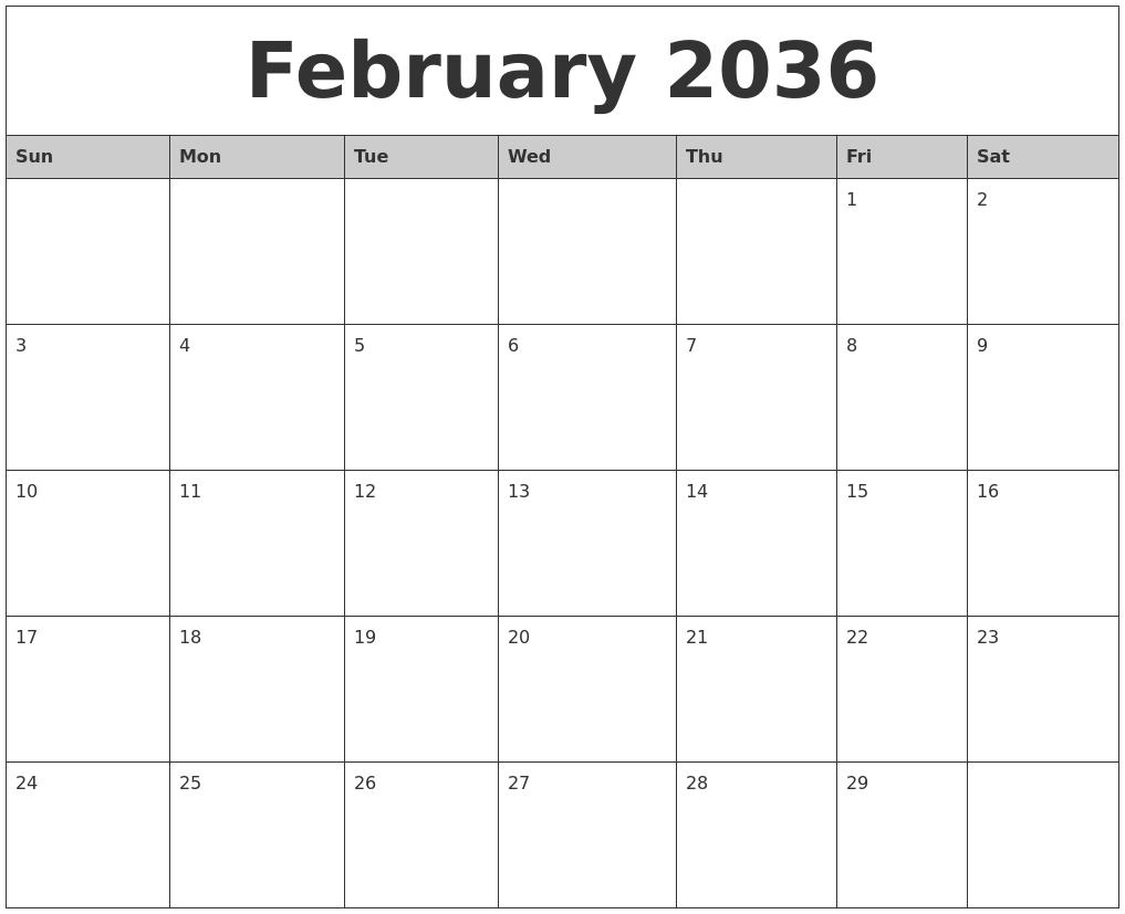 February 2036 Monthly Calendar Printable