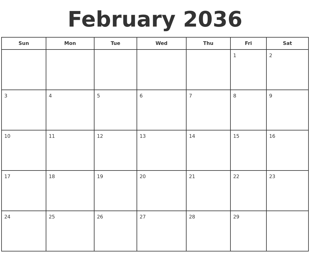 February 2036 Print A Calendar