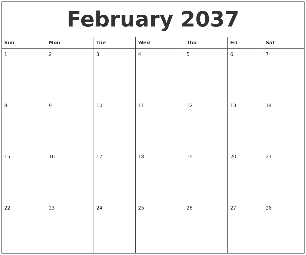 February 2037 Blank Calendar Printable