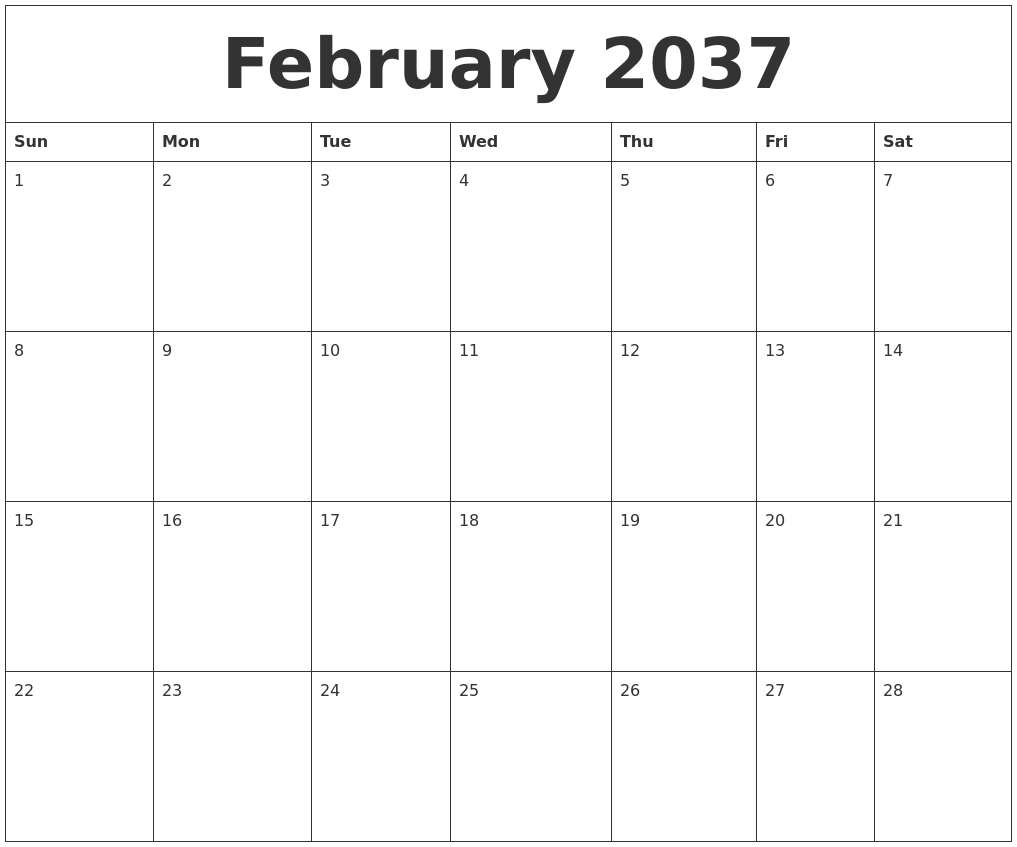 February 2037 Blank Monthly Calendar Template