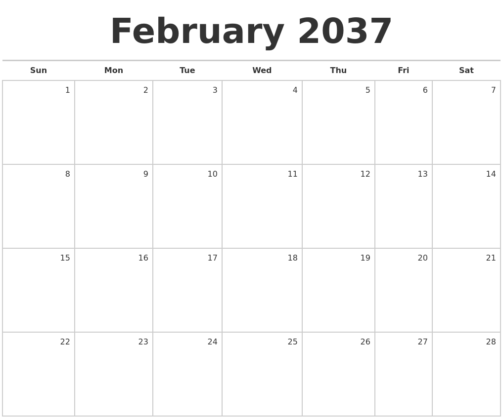 February 2037 Blank Monthly Calendar