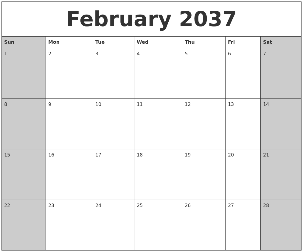 February 2037 Calanders