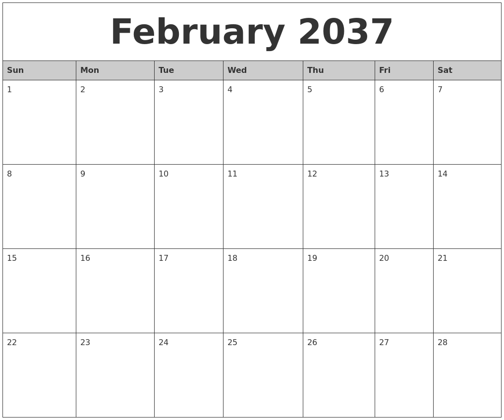 February 2037 Monthly Calendar Printable