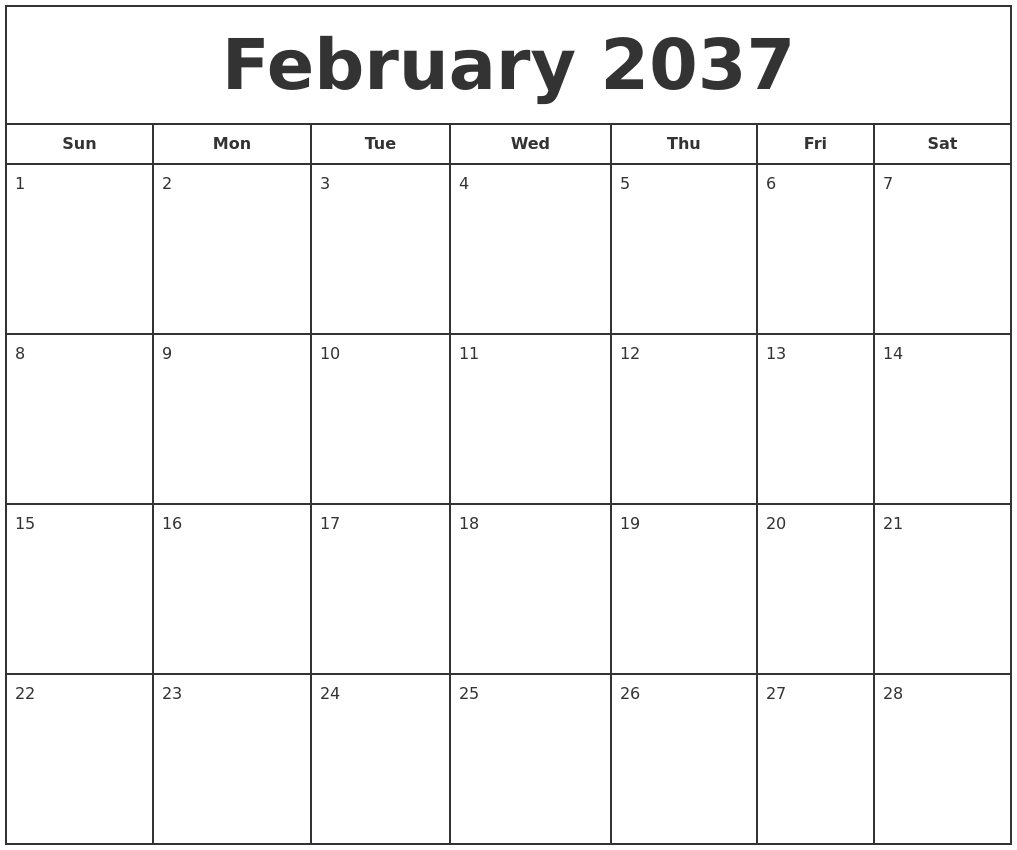 February 2037 Print Free Calendar