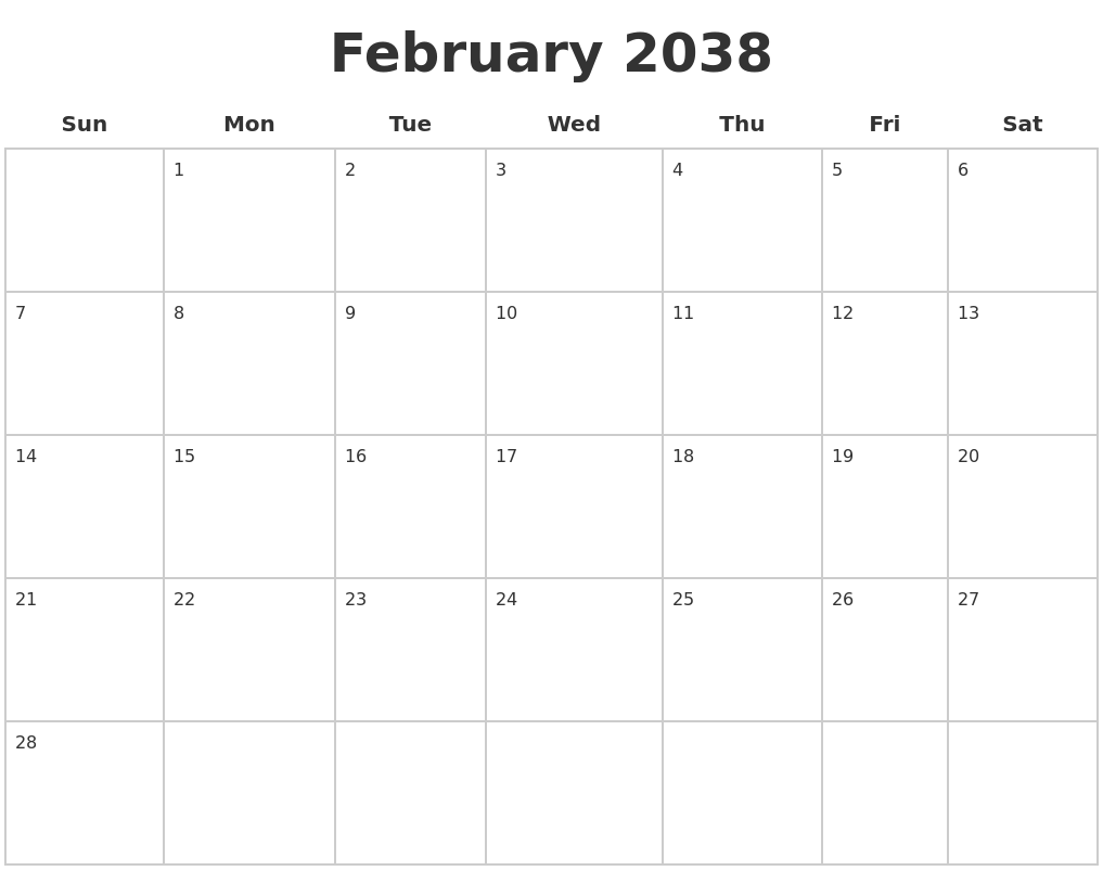 February 2038 Blank Calendar Pages