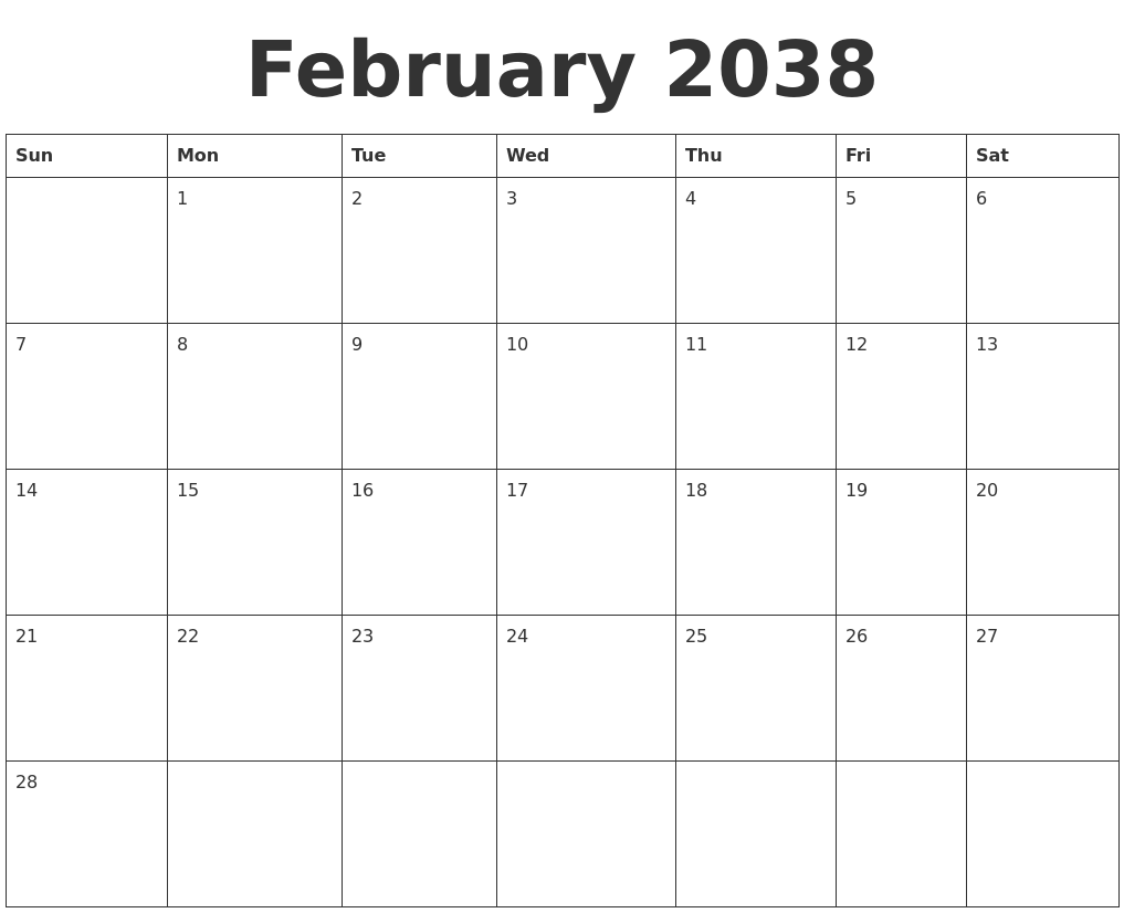 February 2038 Blank Calendar Template