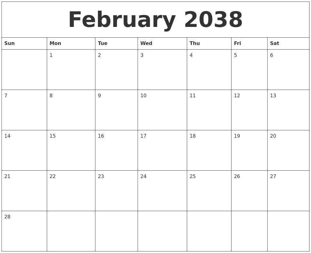 February 2038 Blank Calendar To Print