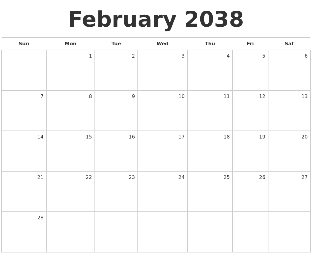 February 2038 Blank Monthly Calendar