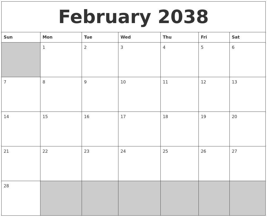 February 2038 Blank Printable Calendar