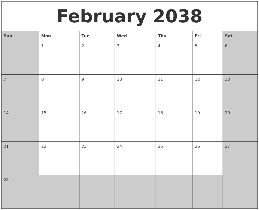February 2038 Calanders