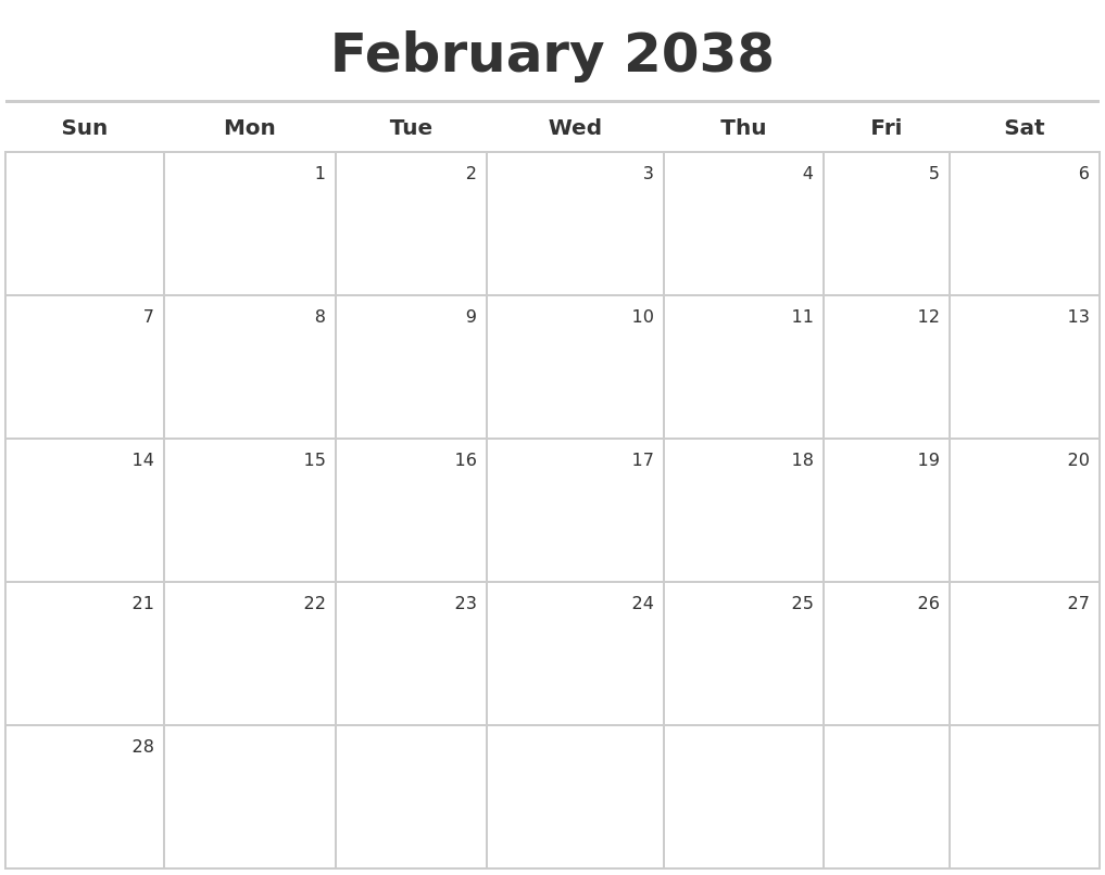 February 2038 Calendar Maker