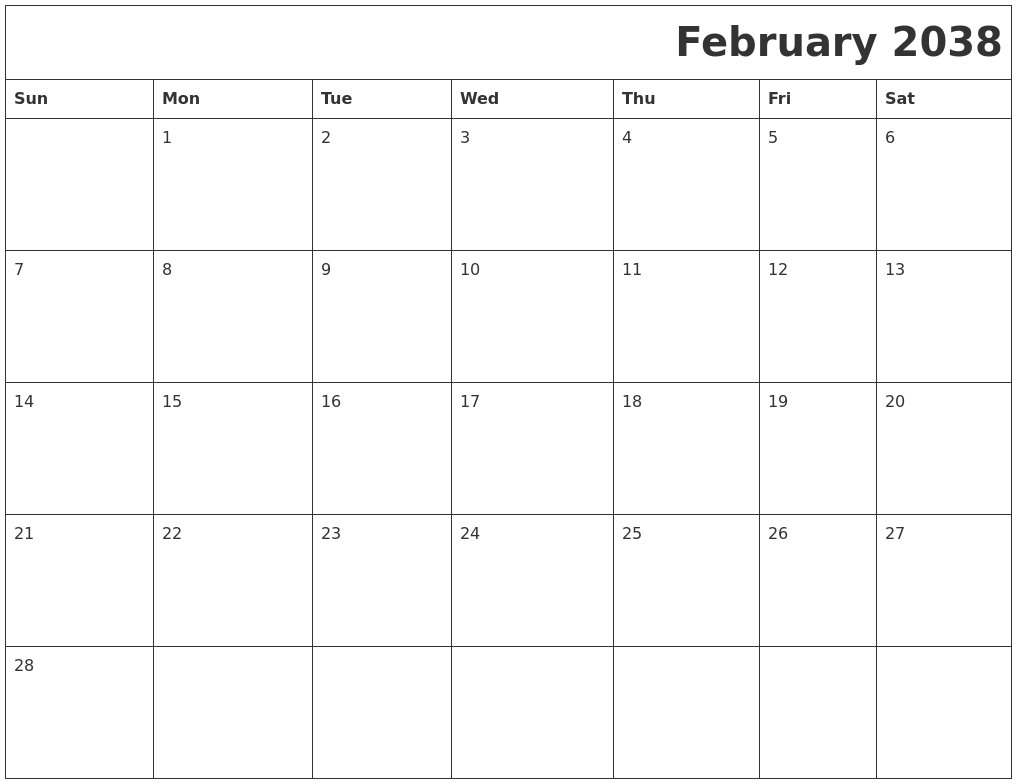 February 2038 Download Calendar