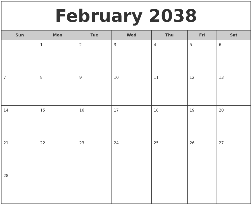 February 2038 Free Monthly Calendar