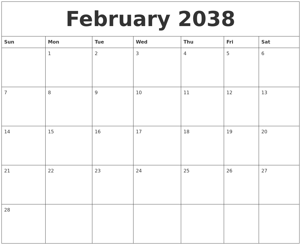 February 2038 Free Weekly Calendar