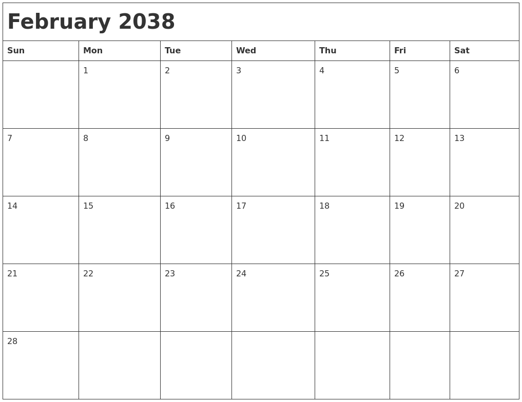 February 2038 Month Calendar