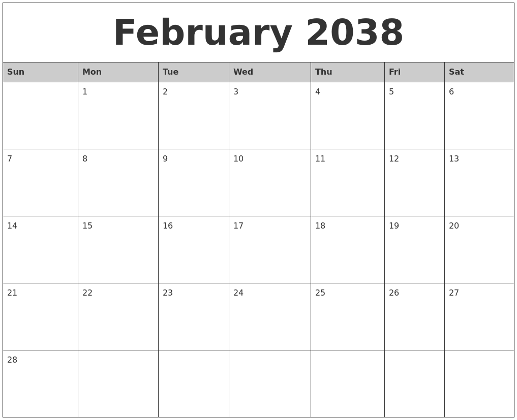 February 2038 Monthly Calendar Printable