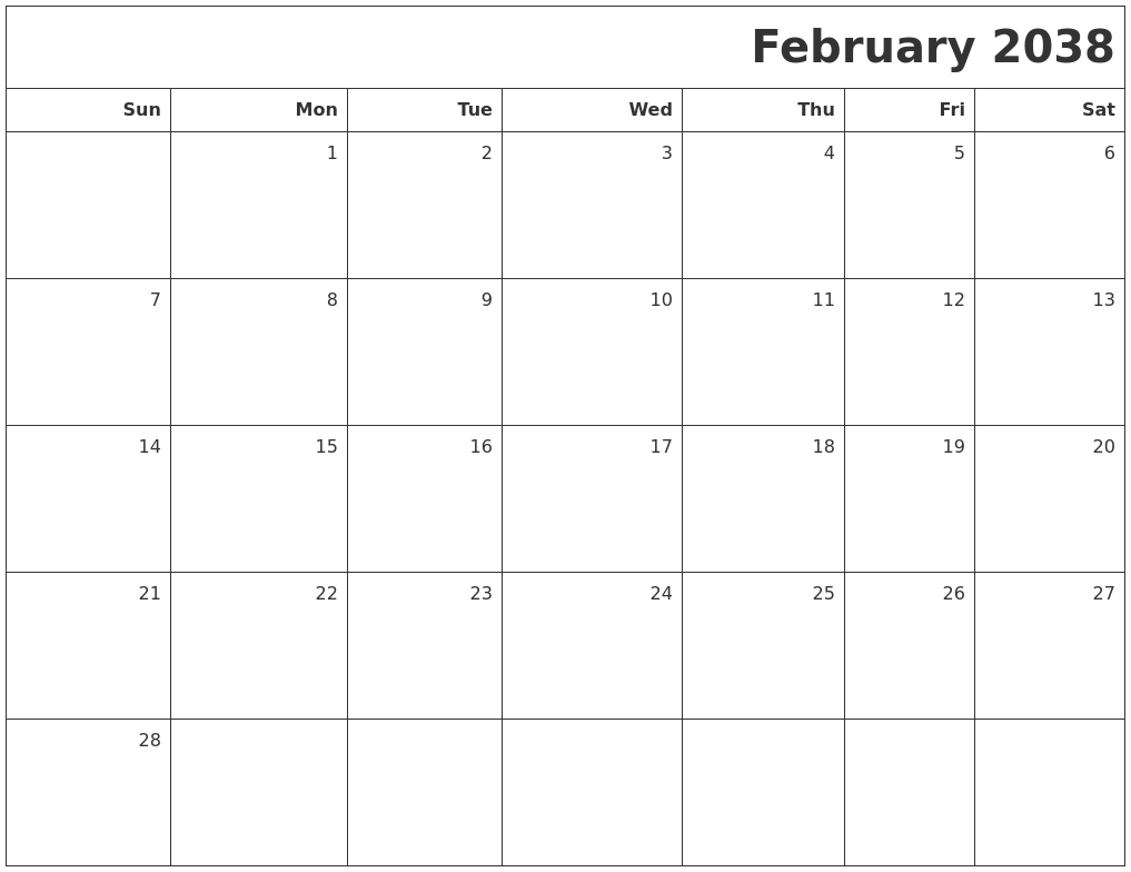 February 2038 Printable Blank Calendar