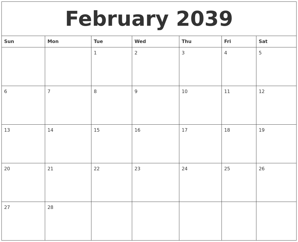 February 2039 Birthday Calendar Template