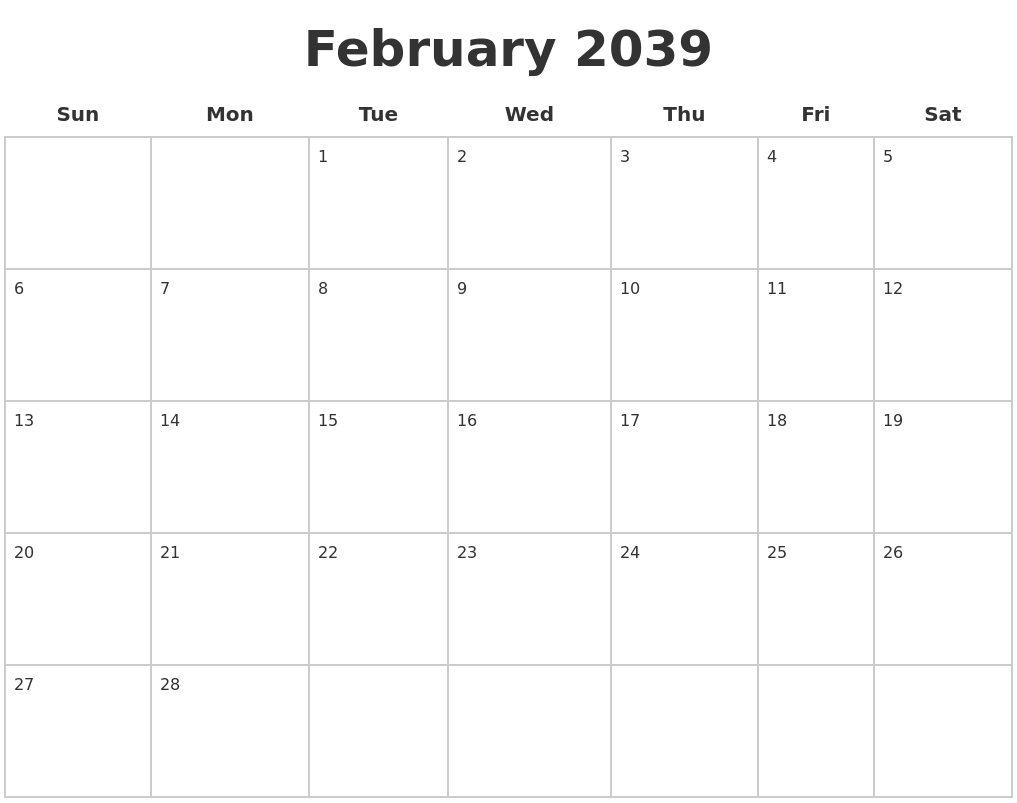 February 2039 Blank Calendar Pages