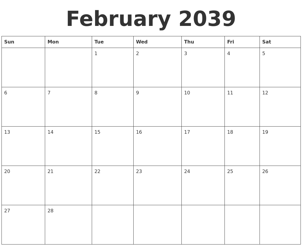 February 2039 Blank Calendar Template