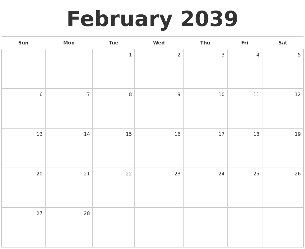 February 2039 Blank Monthly Calendar