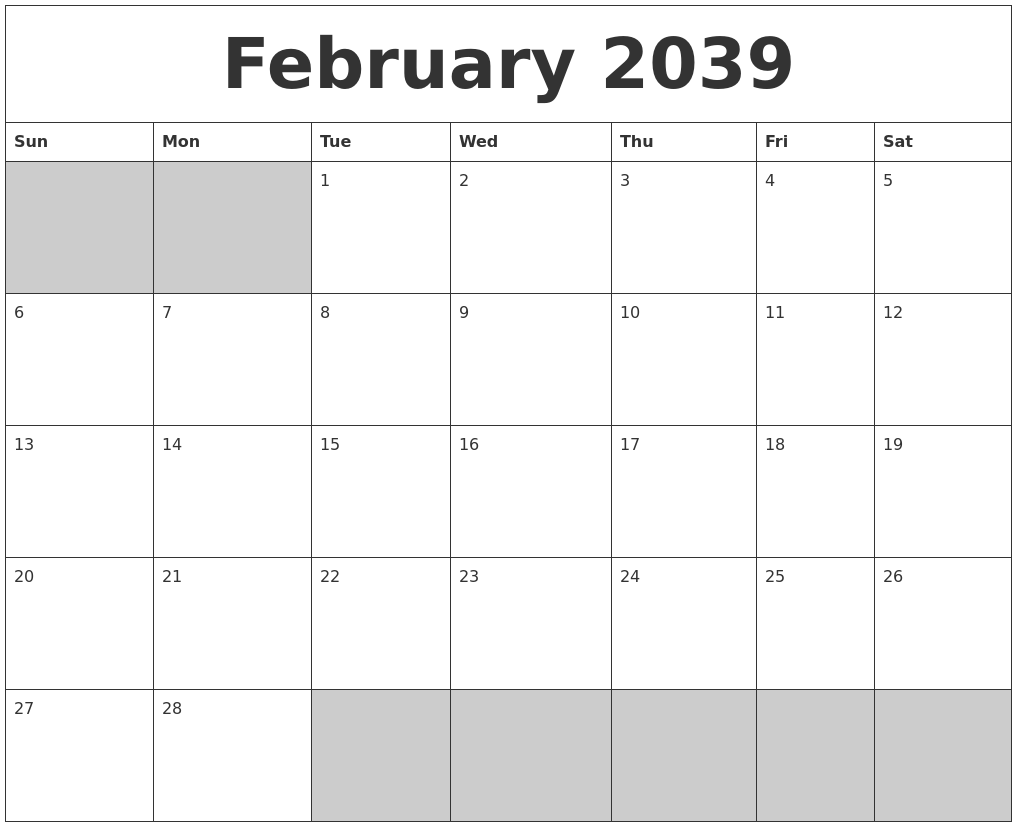 February 2039 Blank Printable Calendar