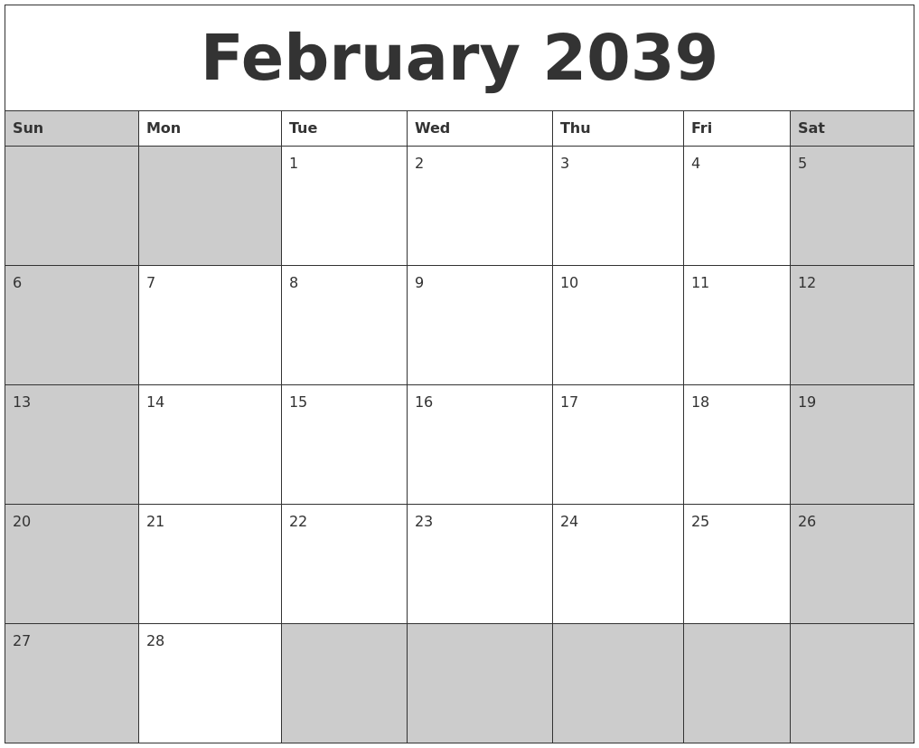 February 2039 Calanders