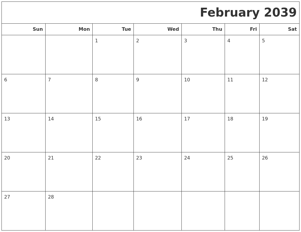 February 2039 Calendars To Print