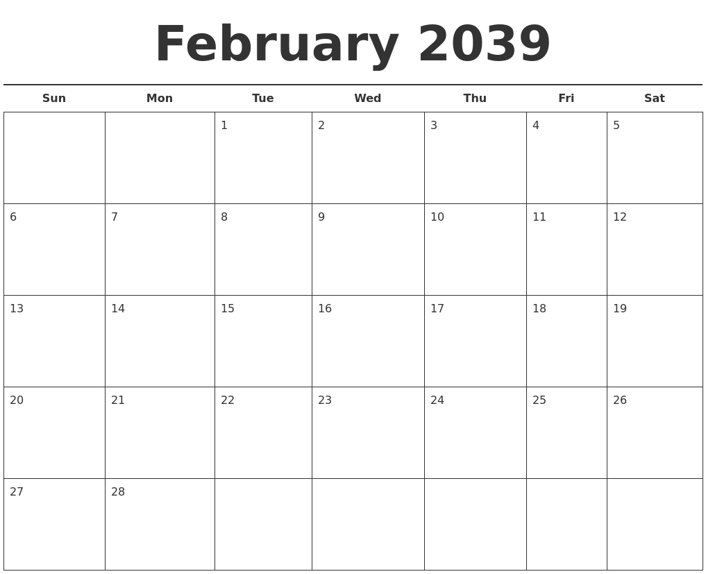 February 2039 Free Calendar Template
