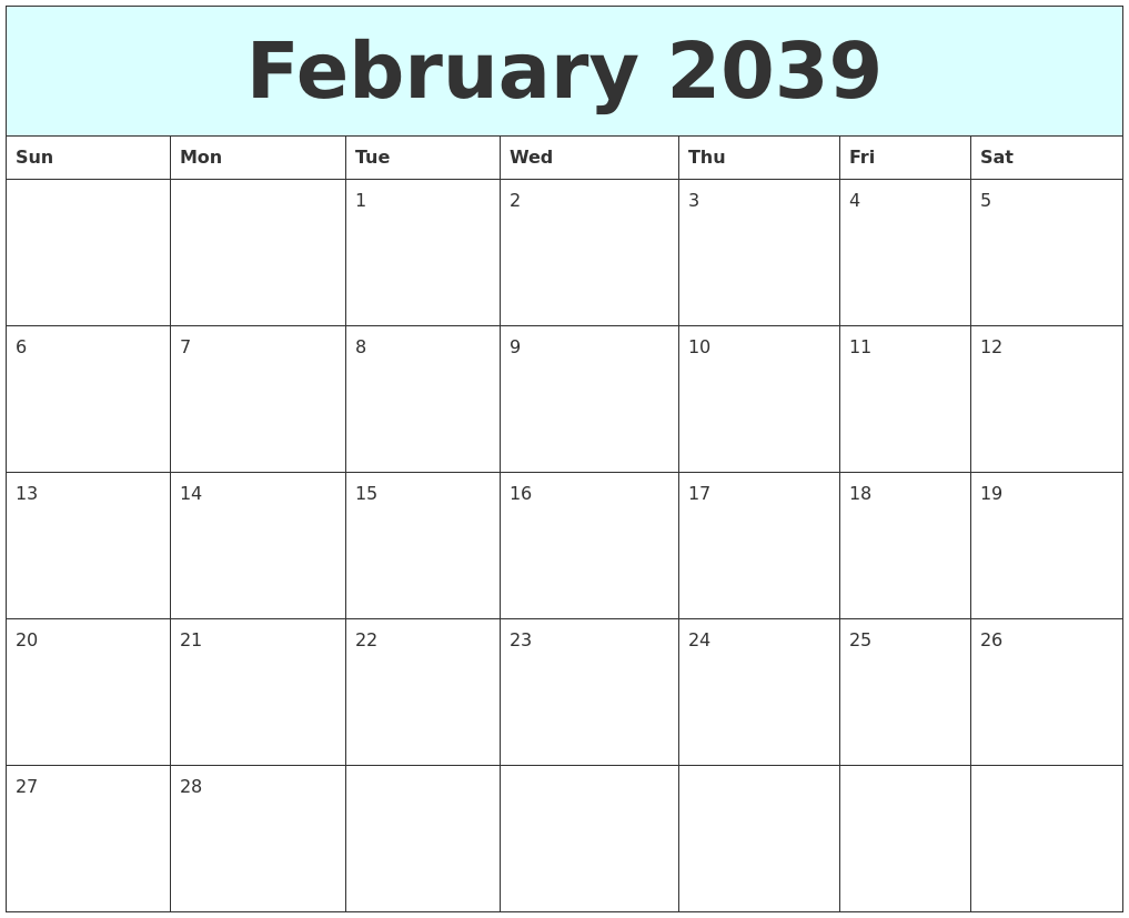 February 2039 Free Calendar