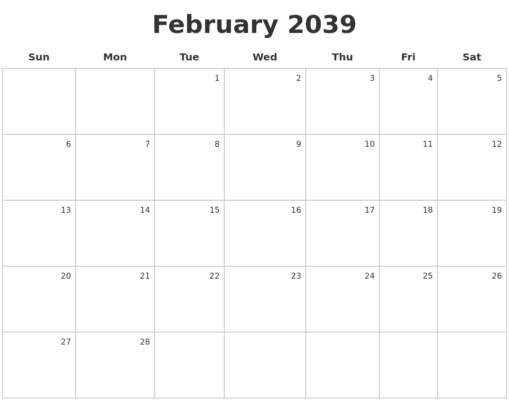 February 2039 Make A Calendar