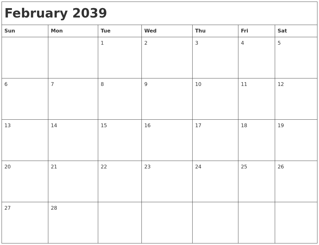 February 2039 Month Calendar