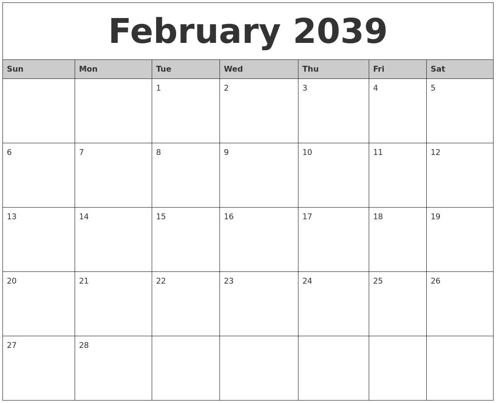 February 2039 Monthly Calendar Printable