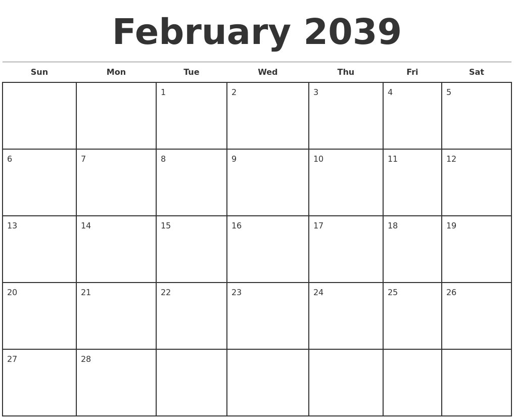 February 2039 Monthly Calendar Template