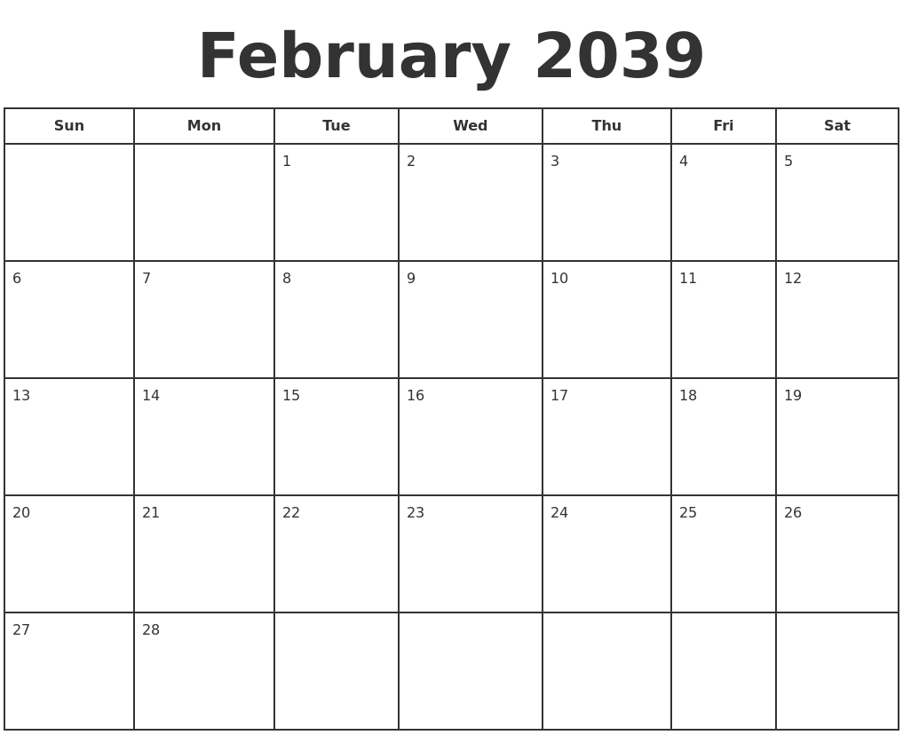 February 2039 Print A Calendar
