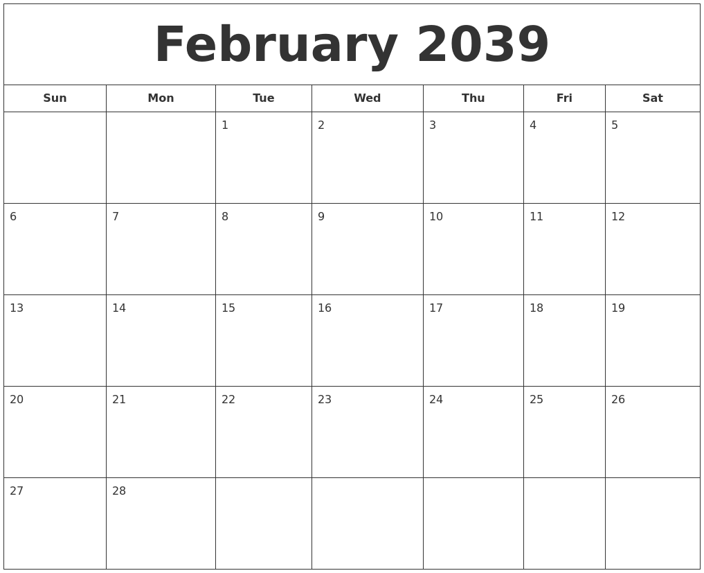 February 2039 Printable Calendar