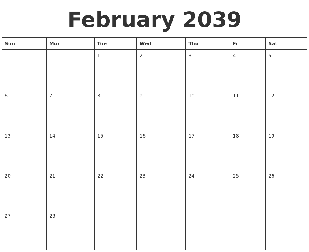 February 2039 Printable Monthly Calendar
