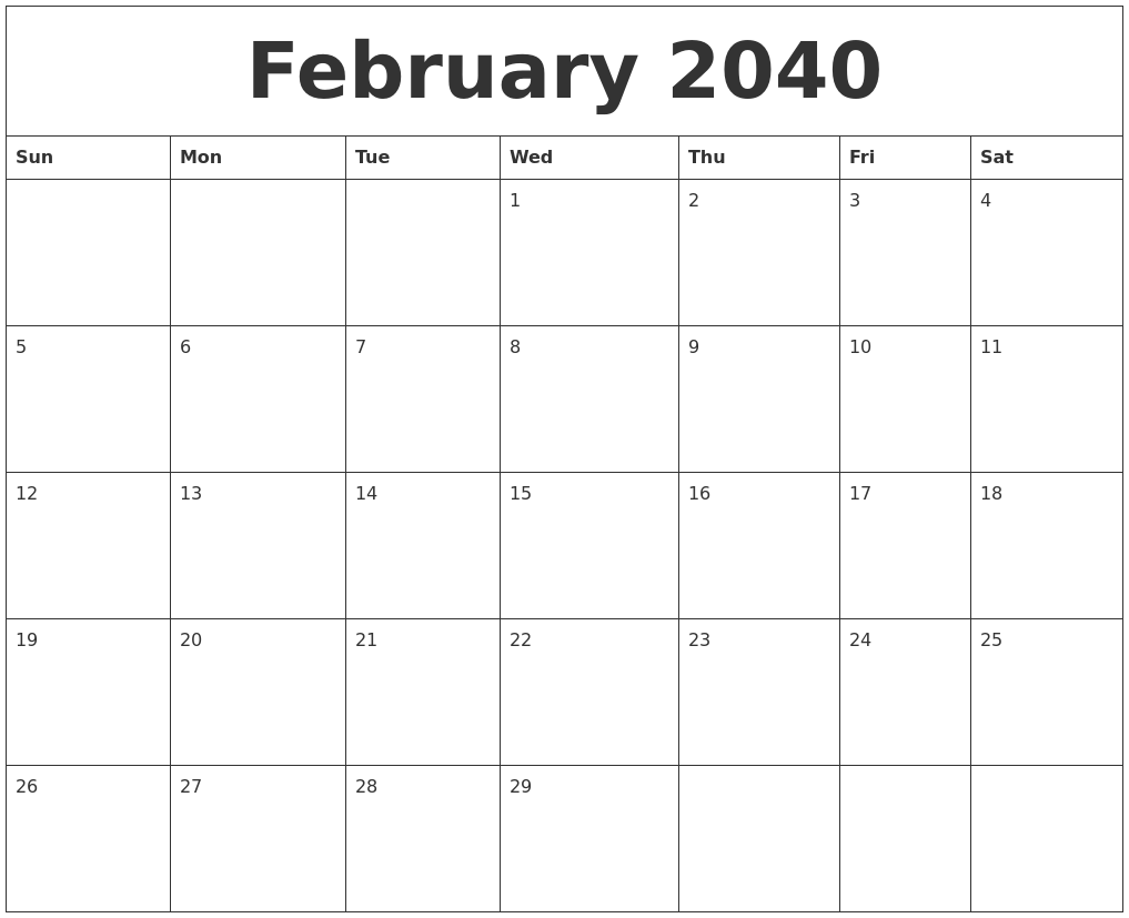 February 2040 Birthday Calendar Template