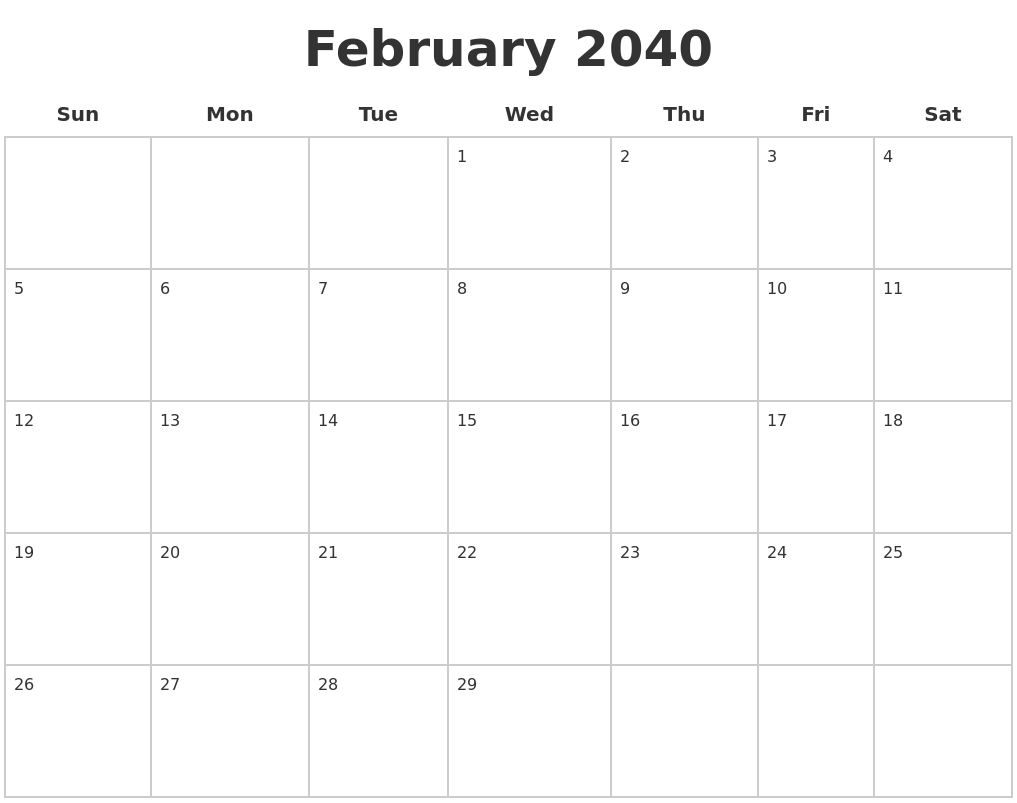 February 2040 Blank Calendar Pages