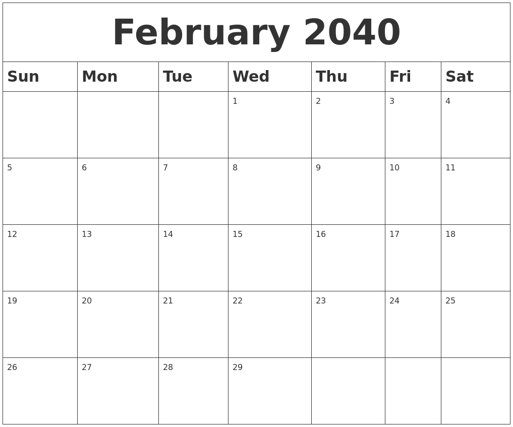 February 2040 Blank Calendar