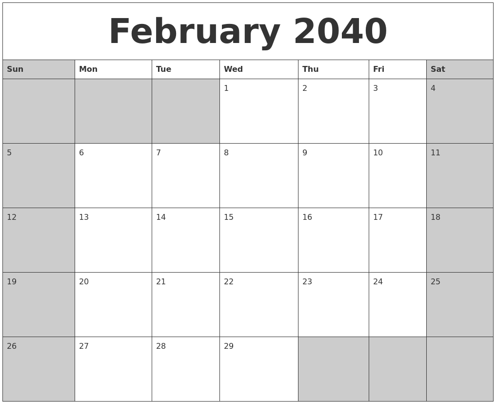 February 2040 Calanders