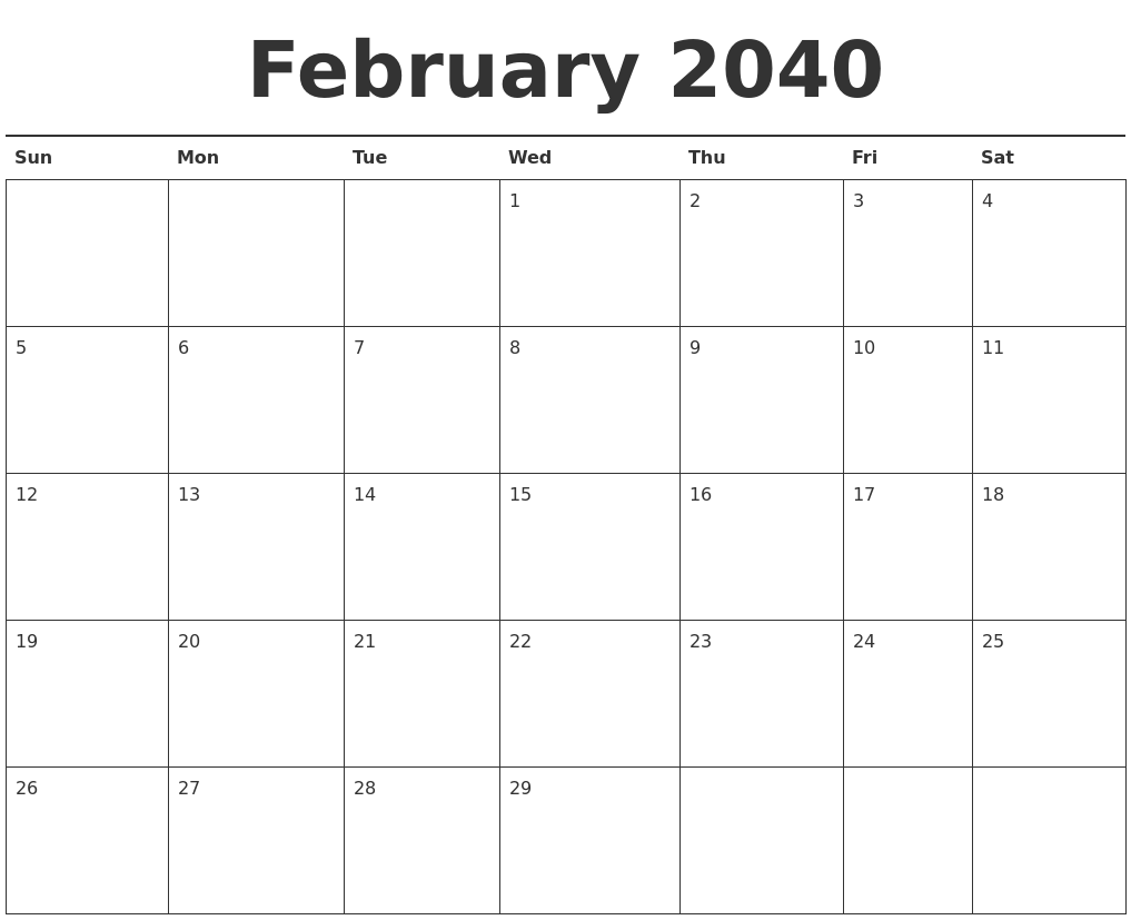 February 2040 Calendar Printable