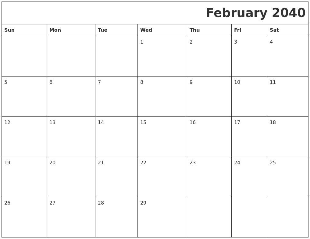 February 2040 Download Calendar