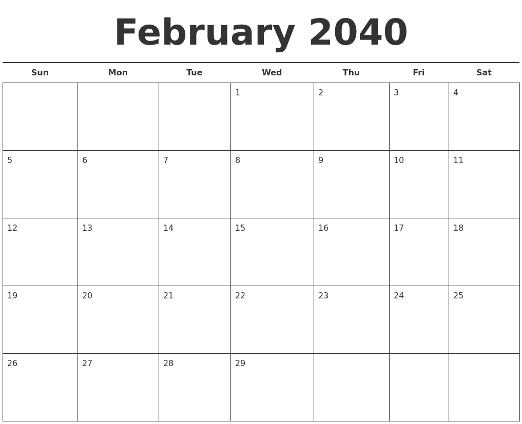 February 2040 Free Calendar Template