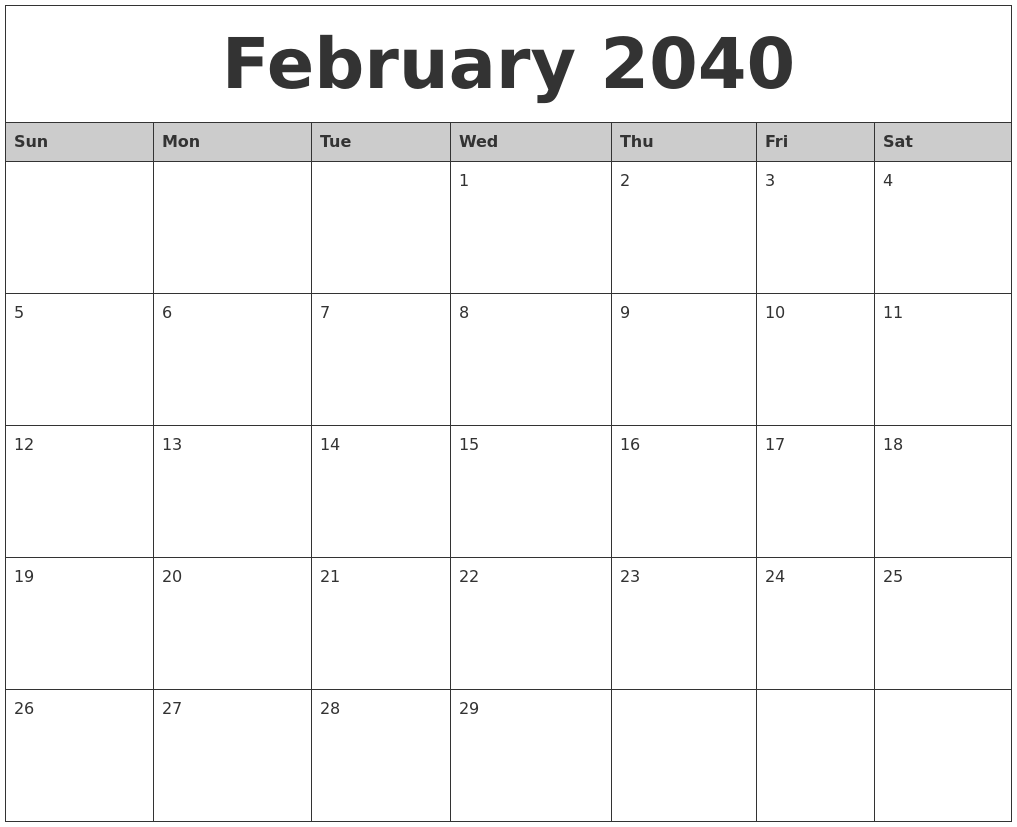 February 2040 Monthly Calendar Printable