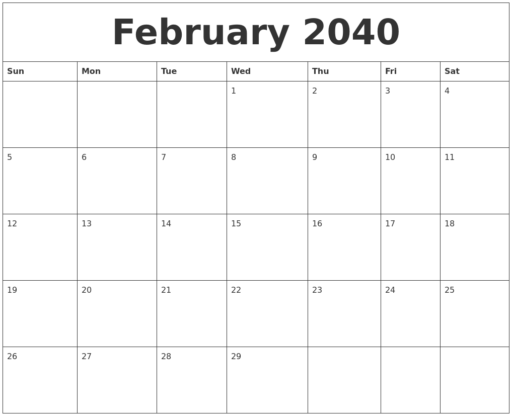 February 2040 Online Calendar Template