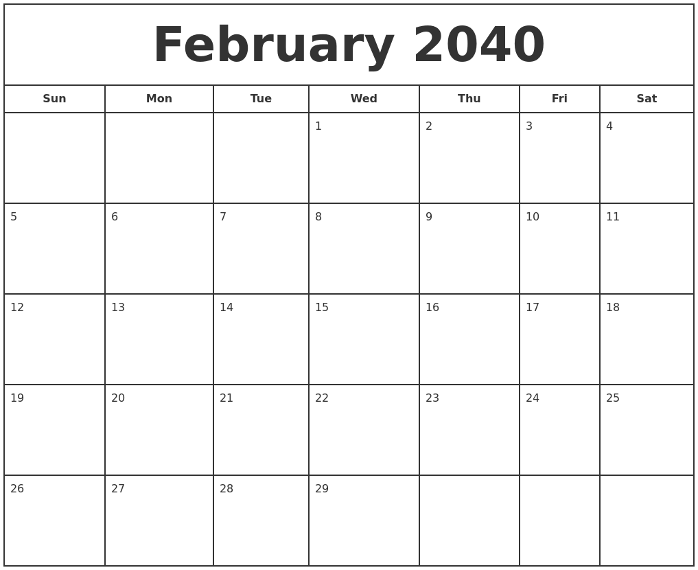 February 2040 Print Free Calendar